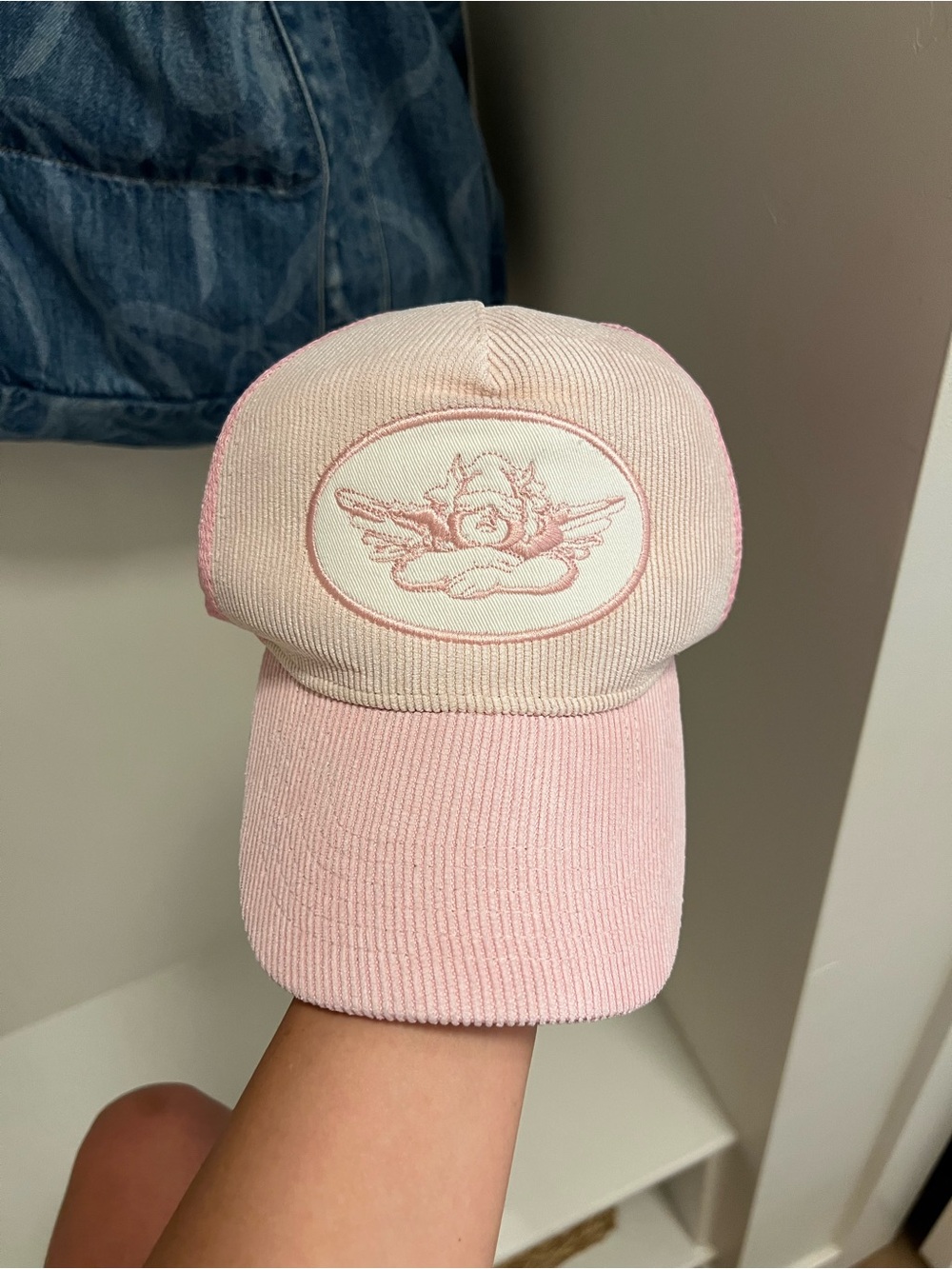 Boys Lie Pink Corduroy trucker Hat with Embroidered Cherub